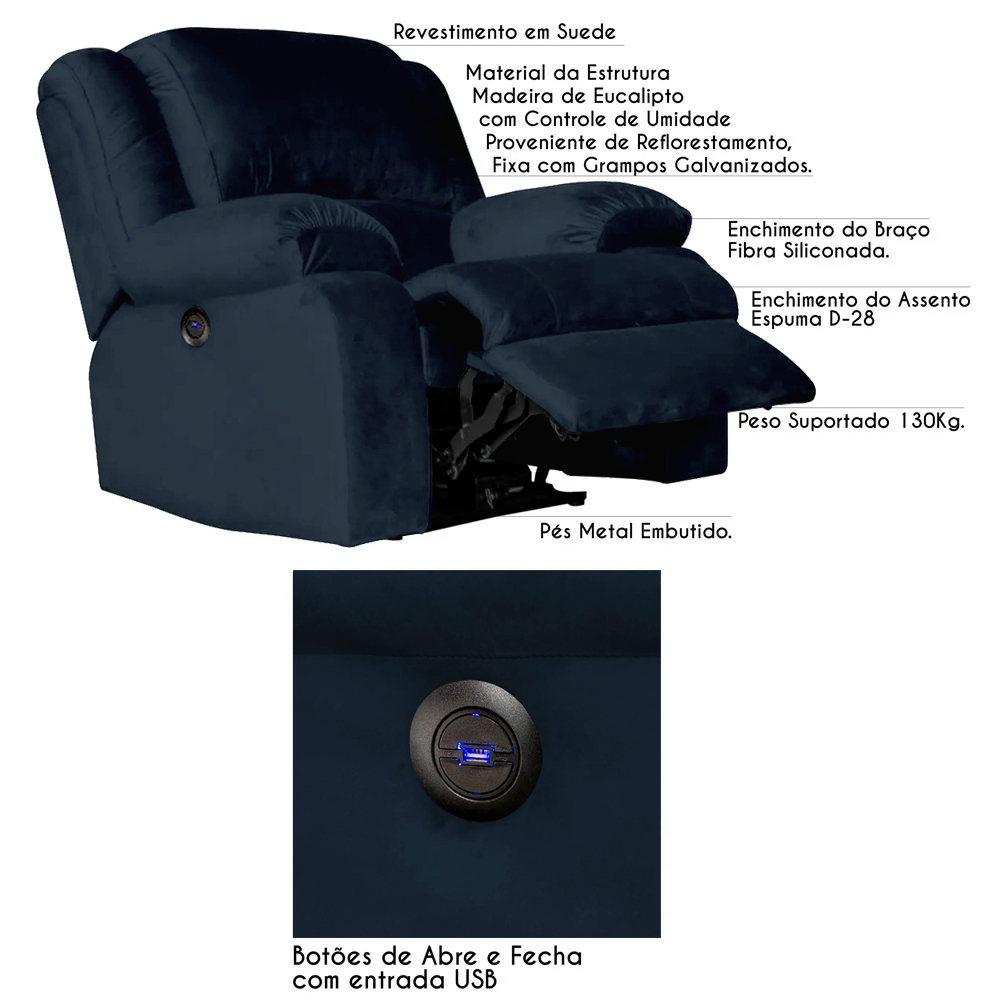 Poltrona do Papai Reclinável Elétrica com Entrada USB Magnum Veludo Azul Clássico G23 - Gran Belo