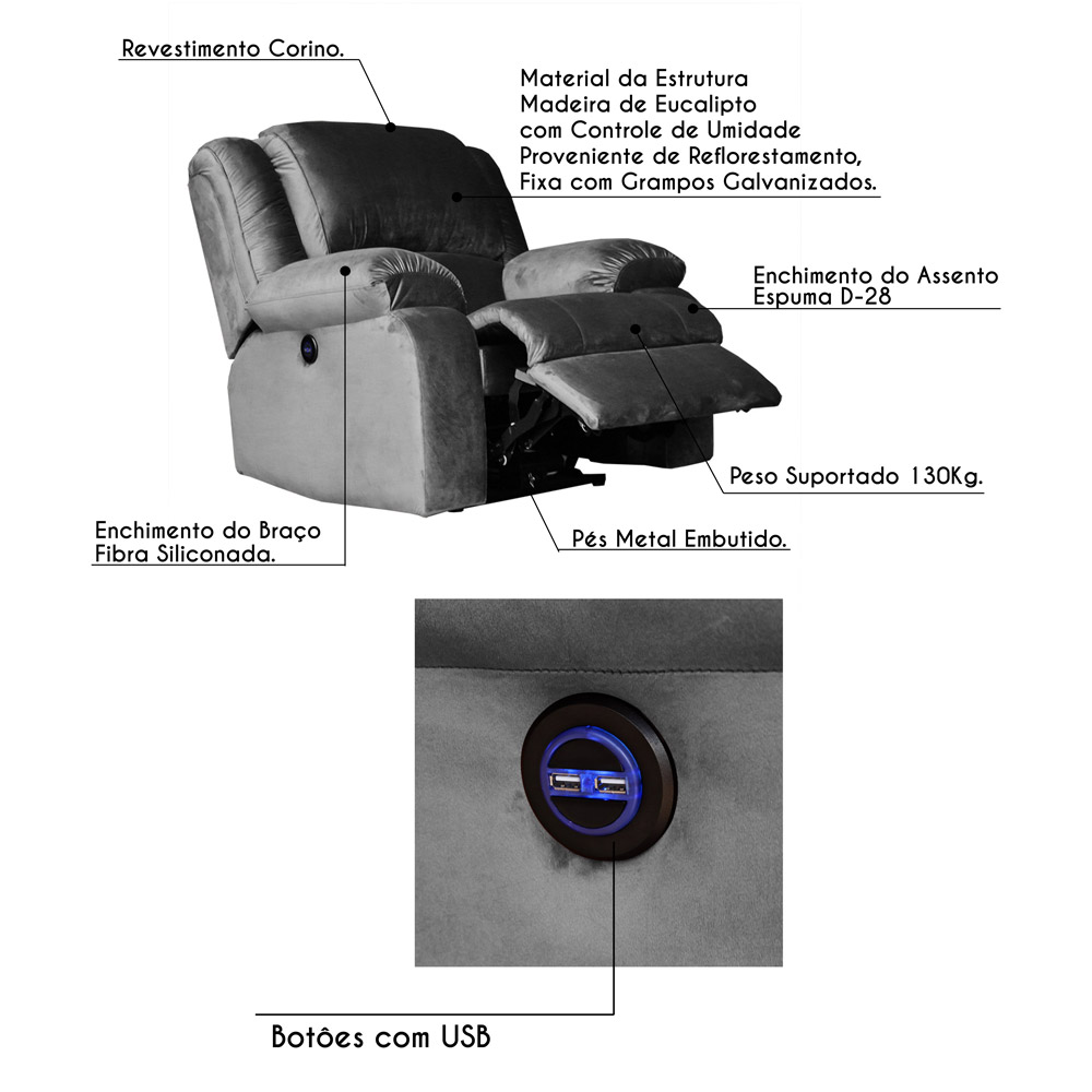 Poltrona do Papai Reclinável Elétrica com Entrada USB Magnum Veludo Cinza G23 - Gran Belo