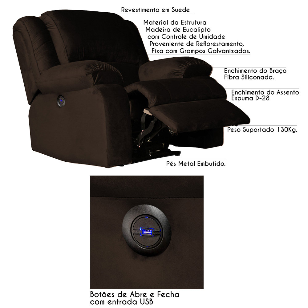 Poltrona do Papai Reclinável Elétrica com Entrada USB Magnum Veludo Marrom Chocolate G23 - Gran Belo