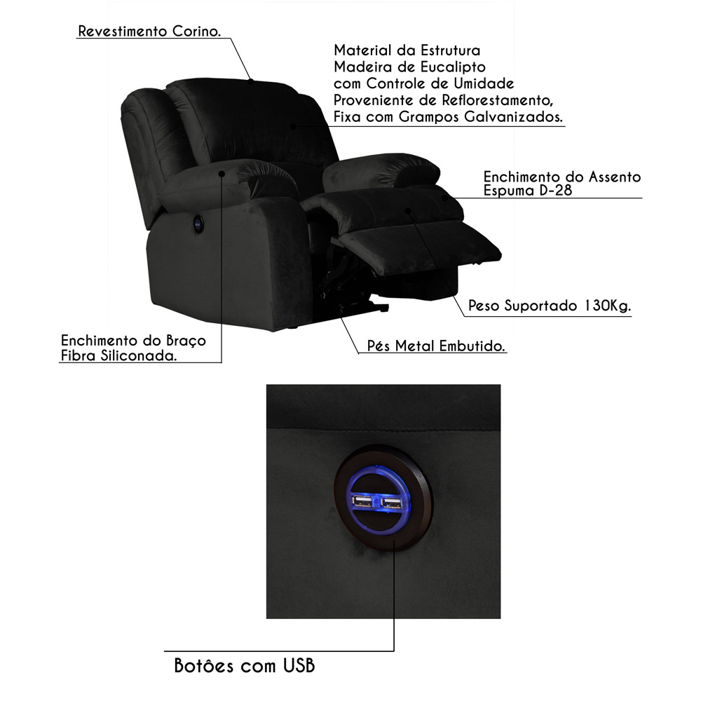 Poltrona do Papai Reclinável Elétrica com Entrada USB Magnum Veludo Marrom G23 - Gran Belo