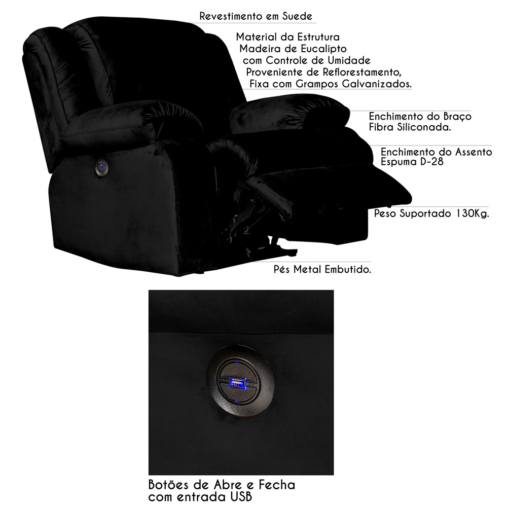 Poltrona do Papai Reclinável Elétrica com Entrada USB Magnum Veludo Preto G23 - Gran Belo