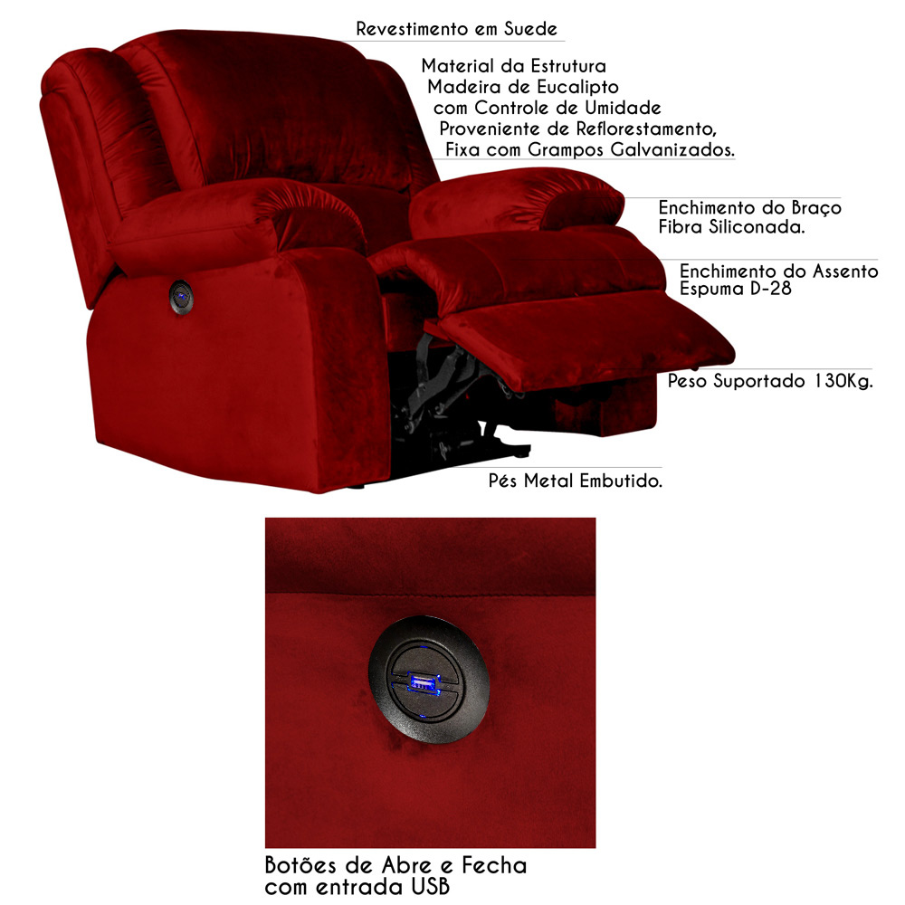 Poltrona do Papai Reclinável Elétrica com Entrada USB Magnum Veludo Vermelho G23 - Gran Belo