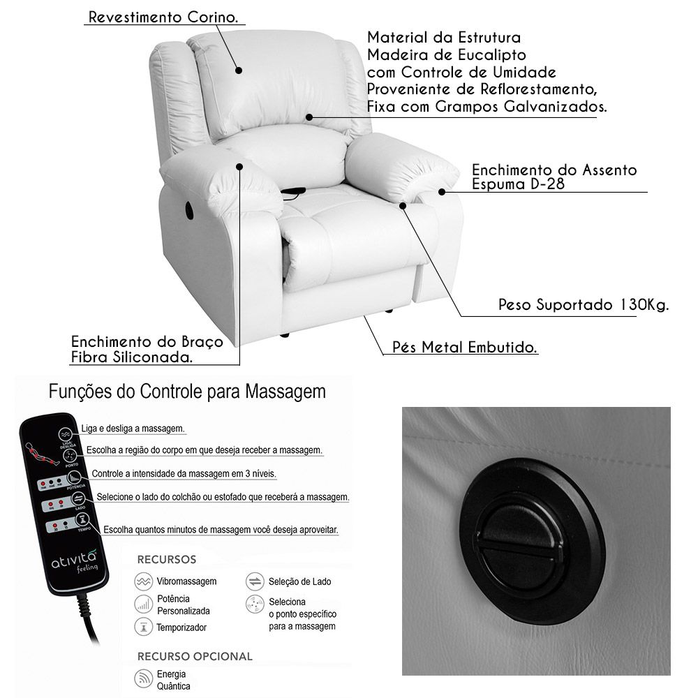 Poltrona do Papai Reclinável Elétrica com Massagem Magnum PU Sintético Branco G23 - Gran Belo