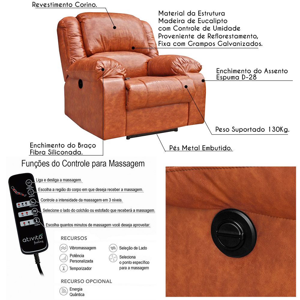 Poltrona do Papai Reclinável Elétrica com Massagem Magnum PU Sintético Caramelo G23 - Gran Belo