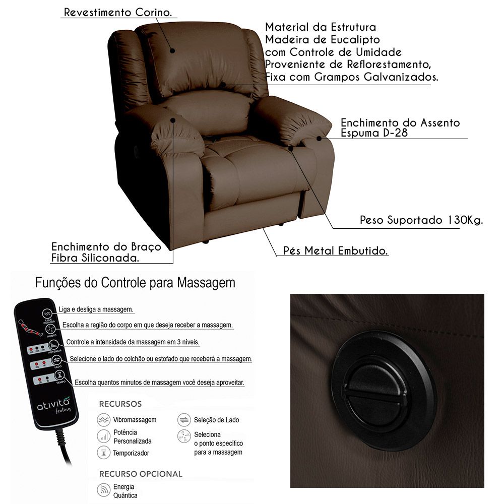 Poltrona do Papai Reclinável Elétrica com Massagem Magnum PU Sintético Marrom Fosco G23 - Gran Belo
