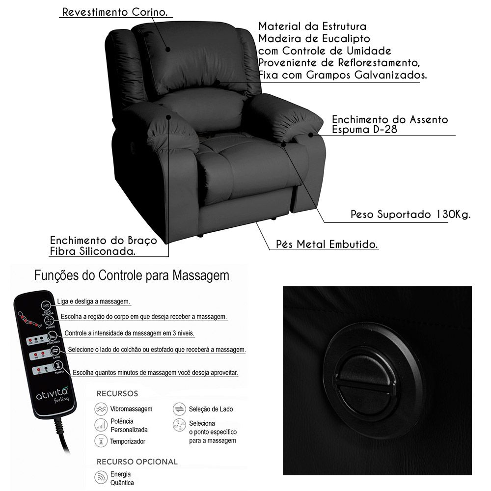 Poltrona do Papai Reclinável Elétrica com Massagem Magnum PU Sintético Preto G23 - Gran Belo