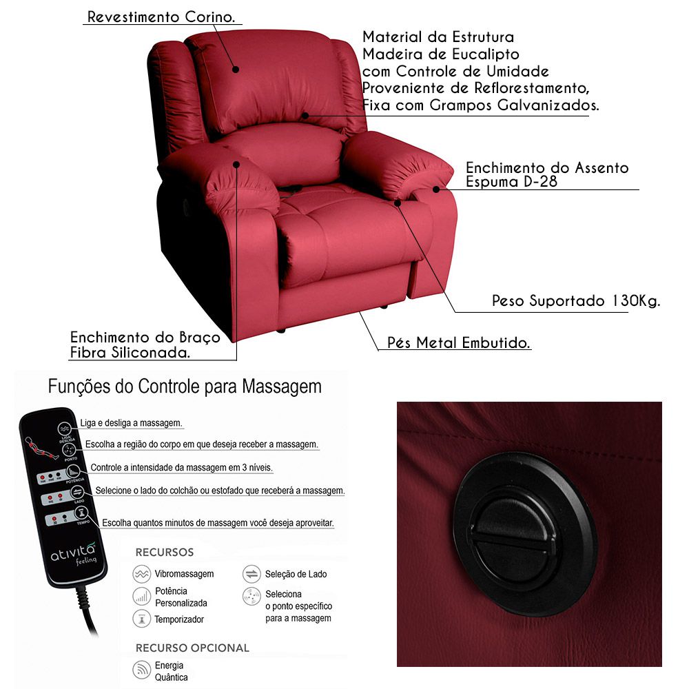 Poltrona do Papai Reclinável Elétrica com Massagem Magnum PU Sintético Vermelho G23 - Gran Belo