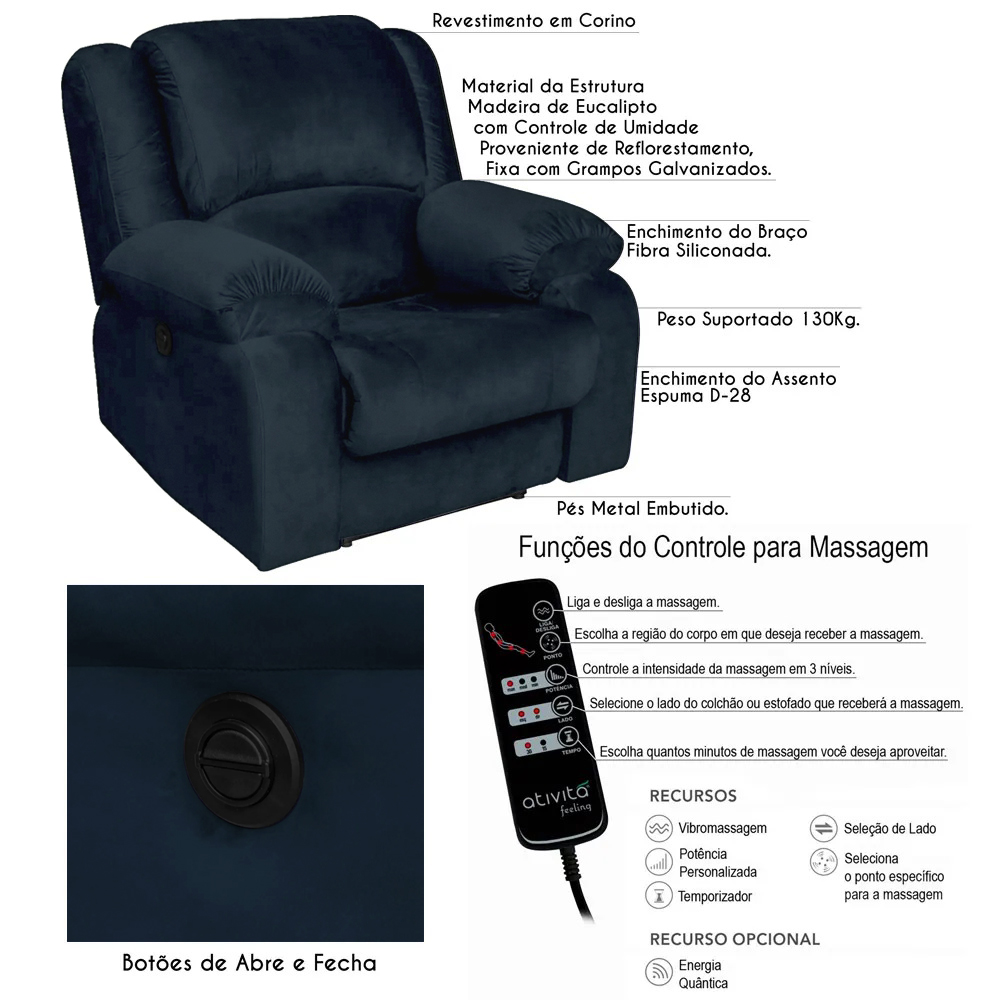 Poltrona do Papai Reclinável Elétrica com Massagem Magnum Veludo Azul Clássico G23 - Gran Belo