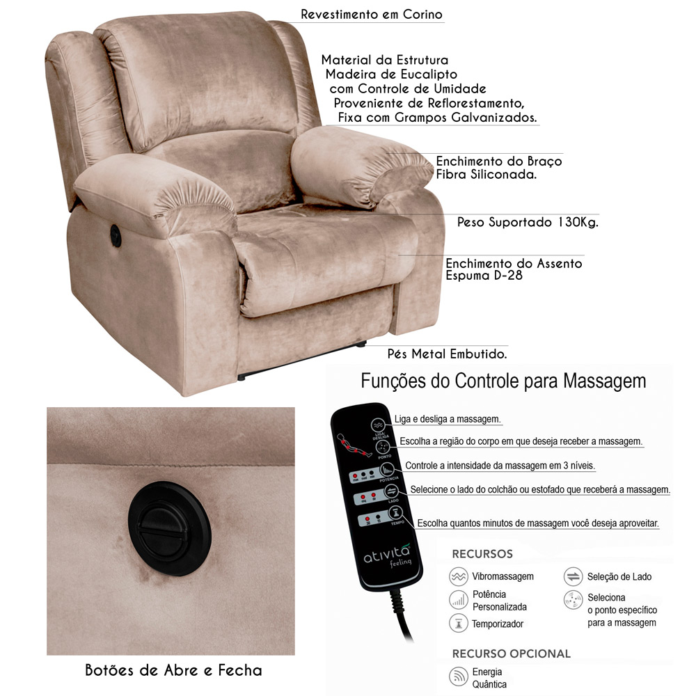 Poltrona do Papai Reclinável Elétrica com Massagem Magnum Veludo Creme G23 - Gran Belo