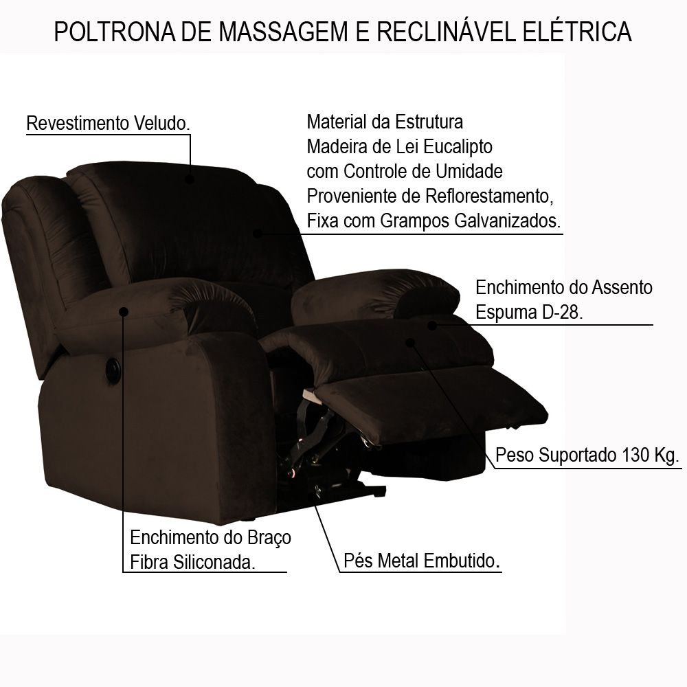Poltrona do Papai Reclinável Elétrica com Massagem Magnum Veludo Marrom Chocolate G23 - Gran Belo