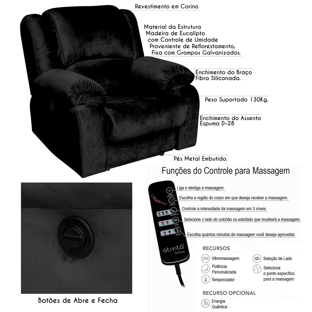 Poltrona do Papai Reclinável Elétrica com Massagem Magnum Veludo Preto G23 - Gran Belo