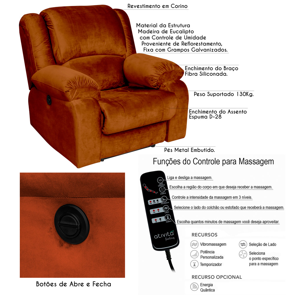 Poltrona do Papai Reclinável Elétrica com Massagem Magnum Veludo Telha G23 - Gran Belo