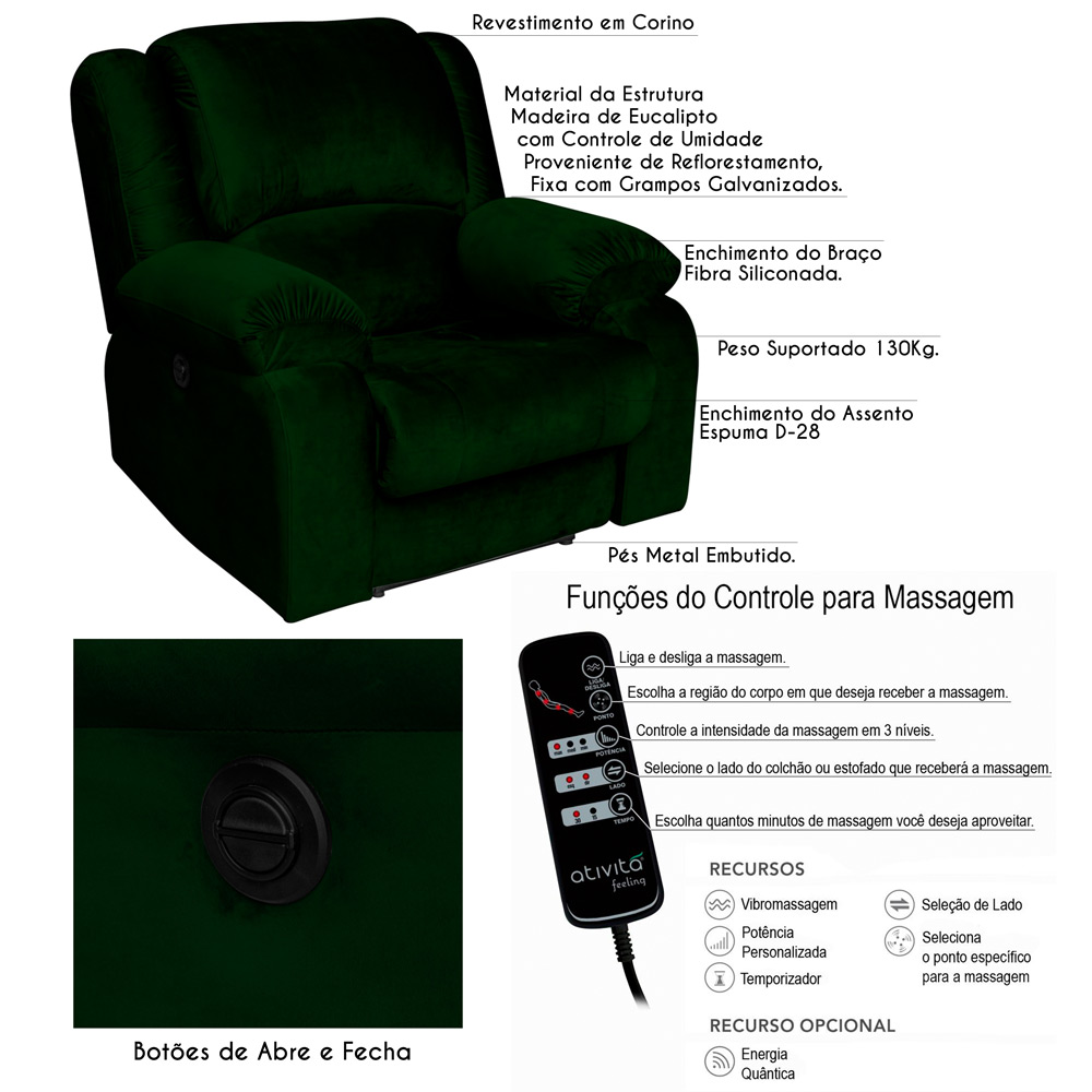 Poltrona do Papai Reclinável Elétrica com Massagem Magnum Veludo Verde G23 - Gran Belo