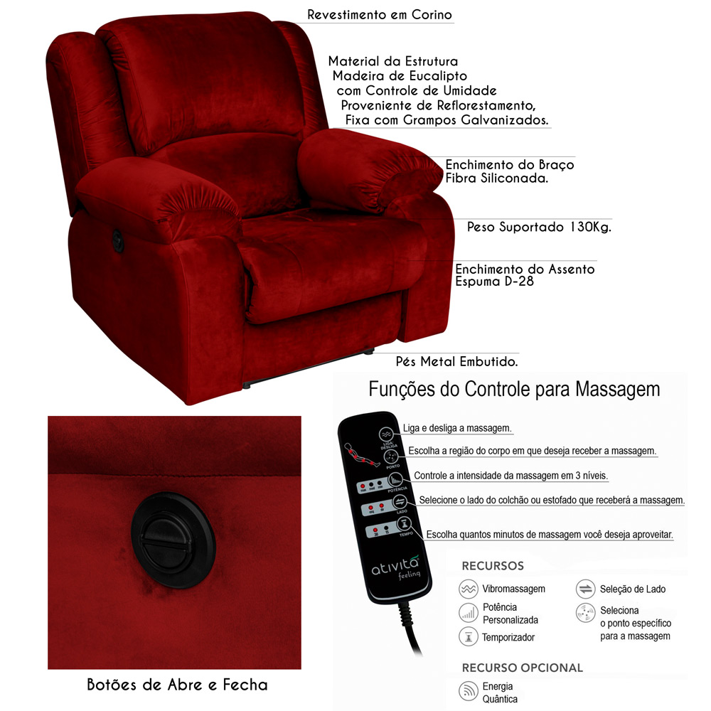 Poltrona do Papai Reclinável Elétrica com Massagem Magnum Veludo Vermelho G23 - Gran Belo