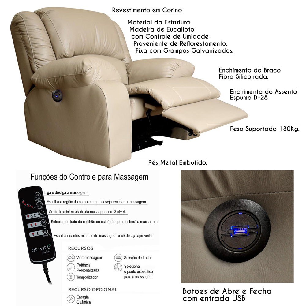 Poltrona do Papai Reclinável Elétrica com Massagem e USB Magnum PU Sintético Bege G23 - Gran Belo
