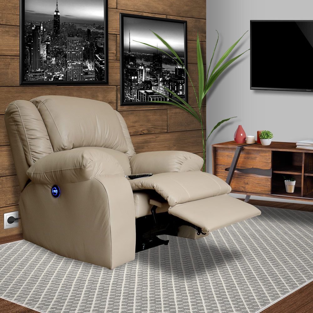 Poltrona do Papai Reclinável Elétrica com Massagem e USB Magnum PU Sintético Bege G23 - Gran Belo