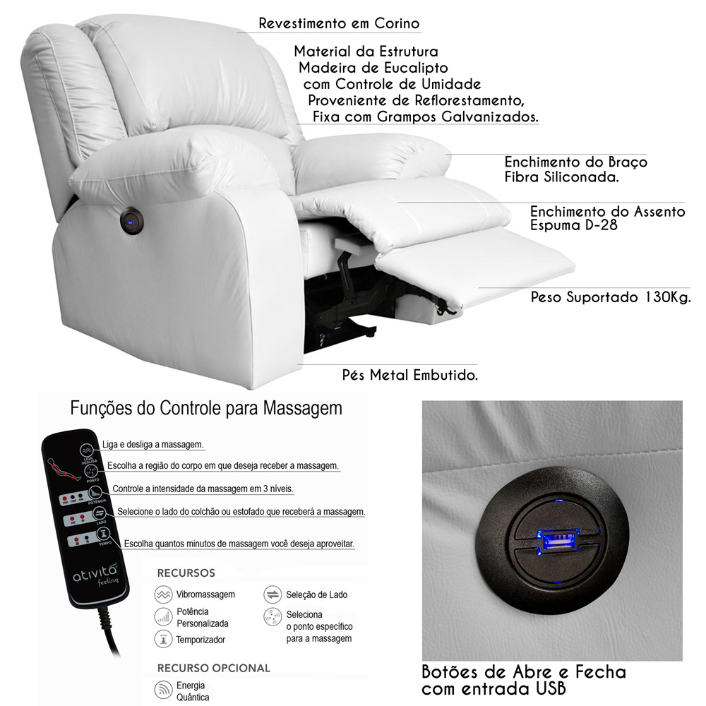 Poltrona do Papai Reclinável Elétrica com Massagem e USB Magnum PU Sintético Branco G23 - Gran Belo
