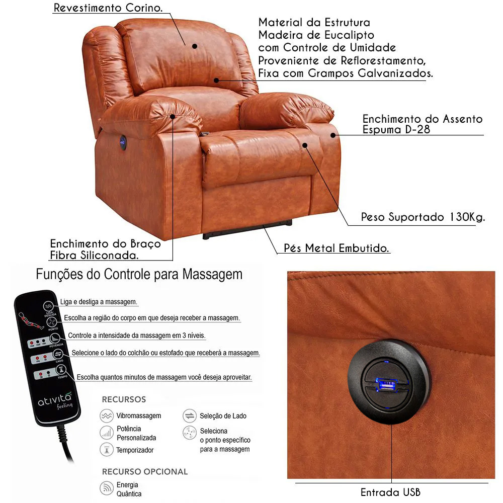 Poltrona do Papai Reclinável Elétrica com Massagem e USB Magnum PU Sintético Caramelo - Gran Belo
