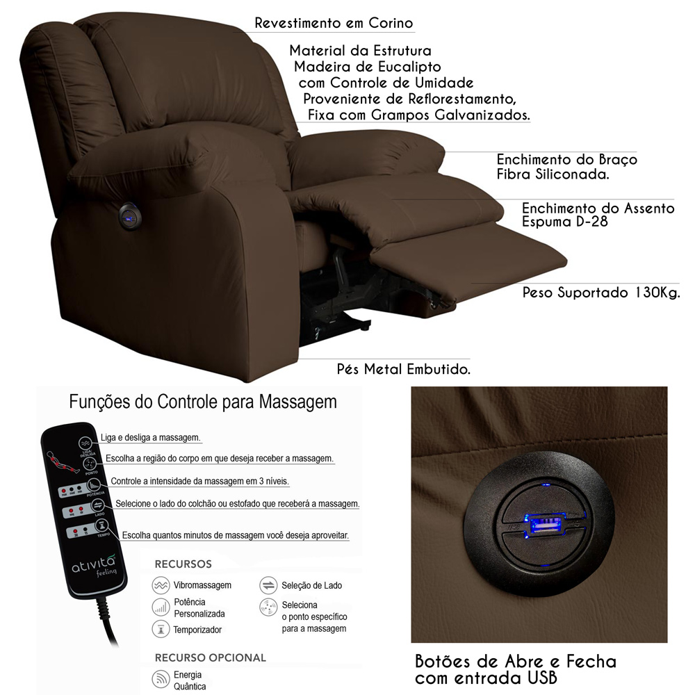 Poltrona do Papai Reclinável Elétrica com Massagem e USB Magnum PU Sintético Marrom Fosco G23 - Gran Belo