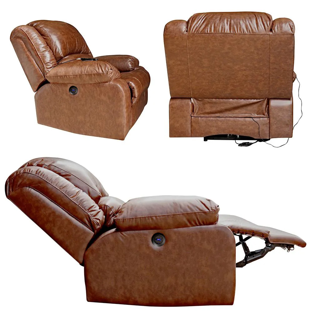 Poltrona do Papai Reclinável Elétrica com Massagem e USB Magnum PU Sintético Marrom G23 - Gran Belo