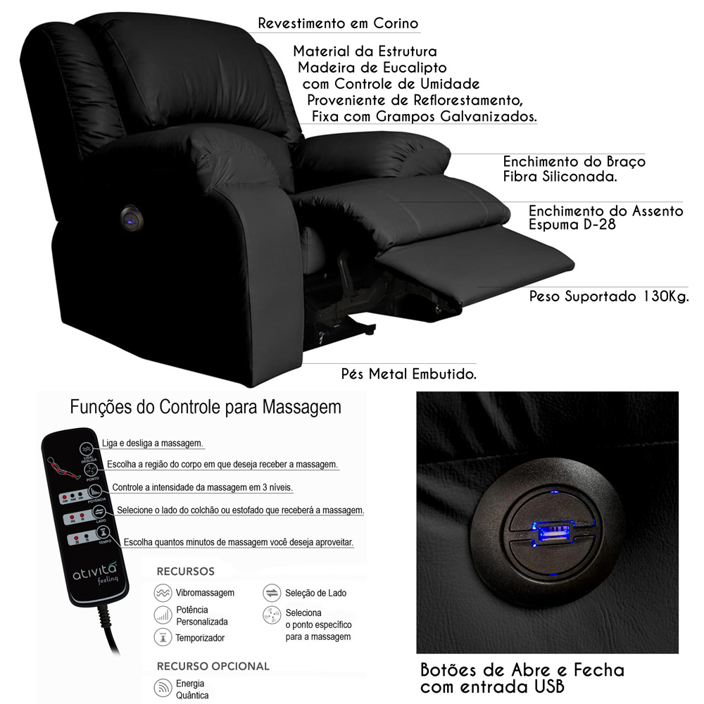 Poltrona do Papai Reclinável Elétrica com Massagem e USB Magnum PU Sintético Preto G23 - Gran Belo