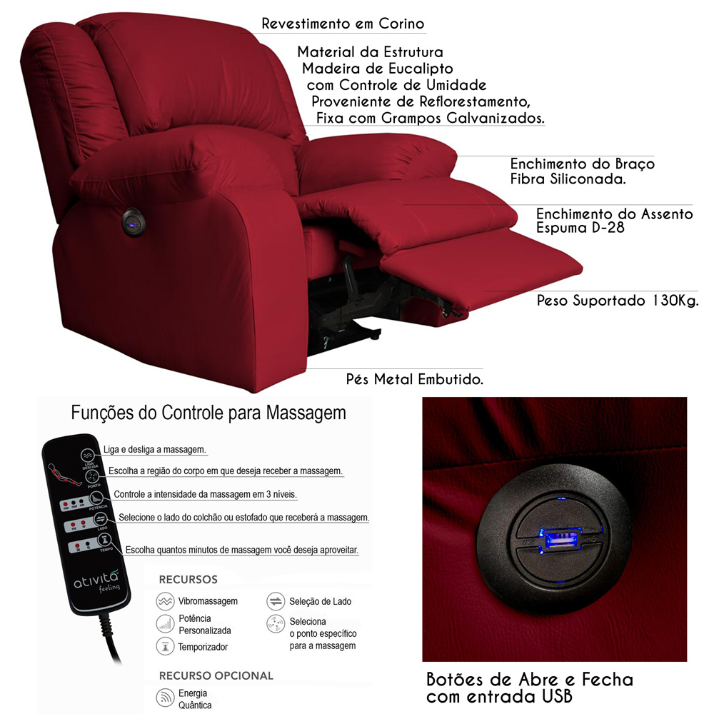 Poltrona do Papai Reclinável Elétrica com Massagem e USB Magnum PU Sintético Vermelho G23 - Gran Belo