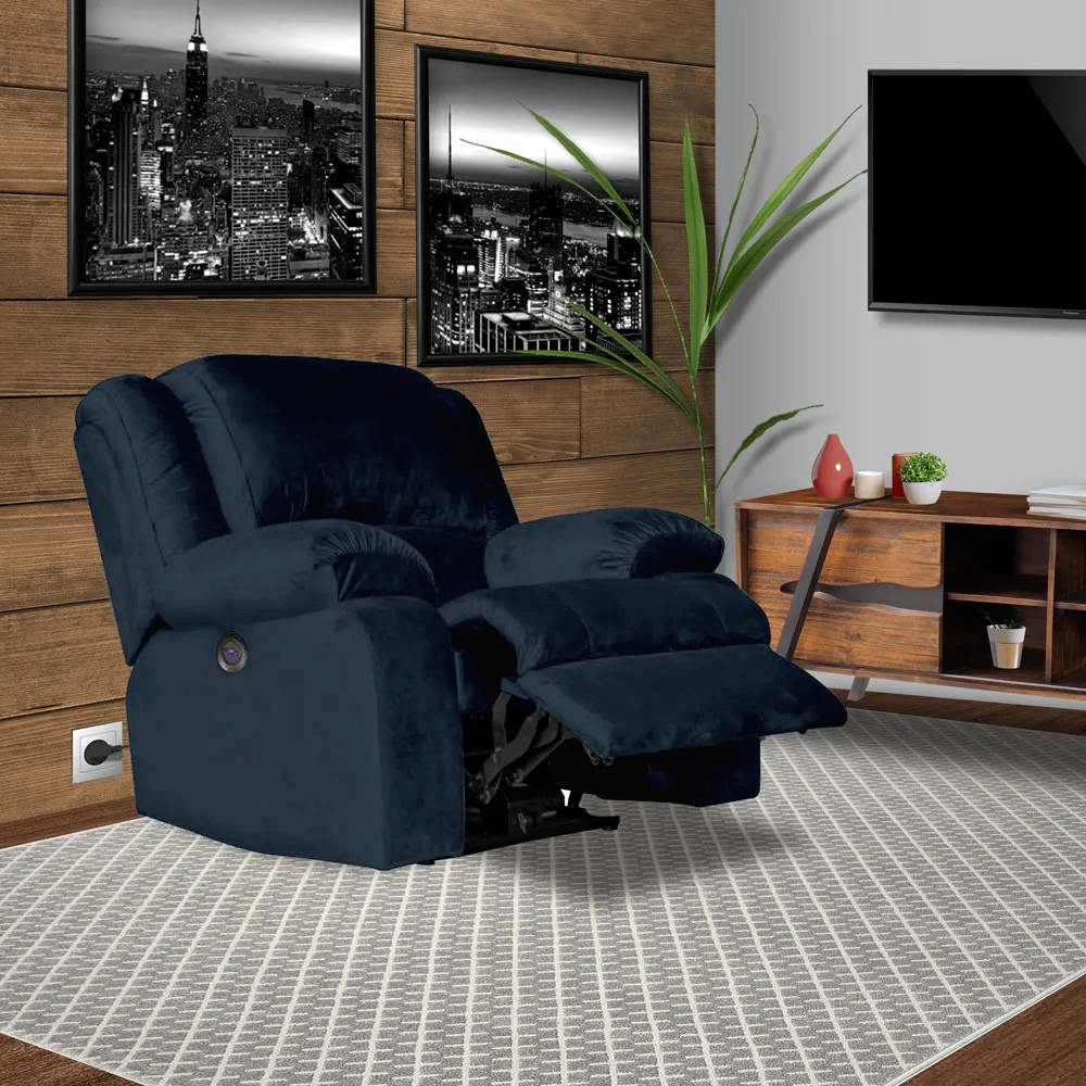 Poltrona do Papai Reclinável Elétrica com Massagem e USB Magnum Veludo Azul Clássico G23 - Gran Belo