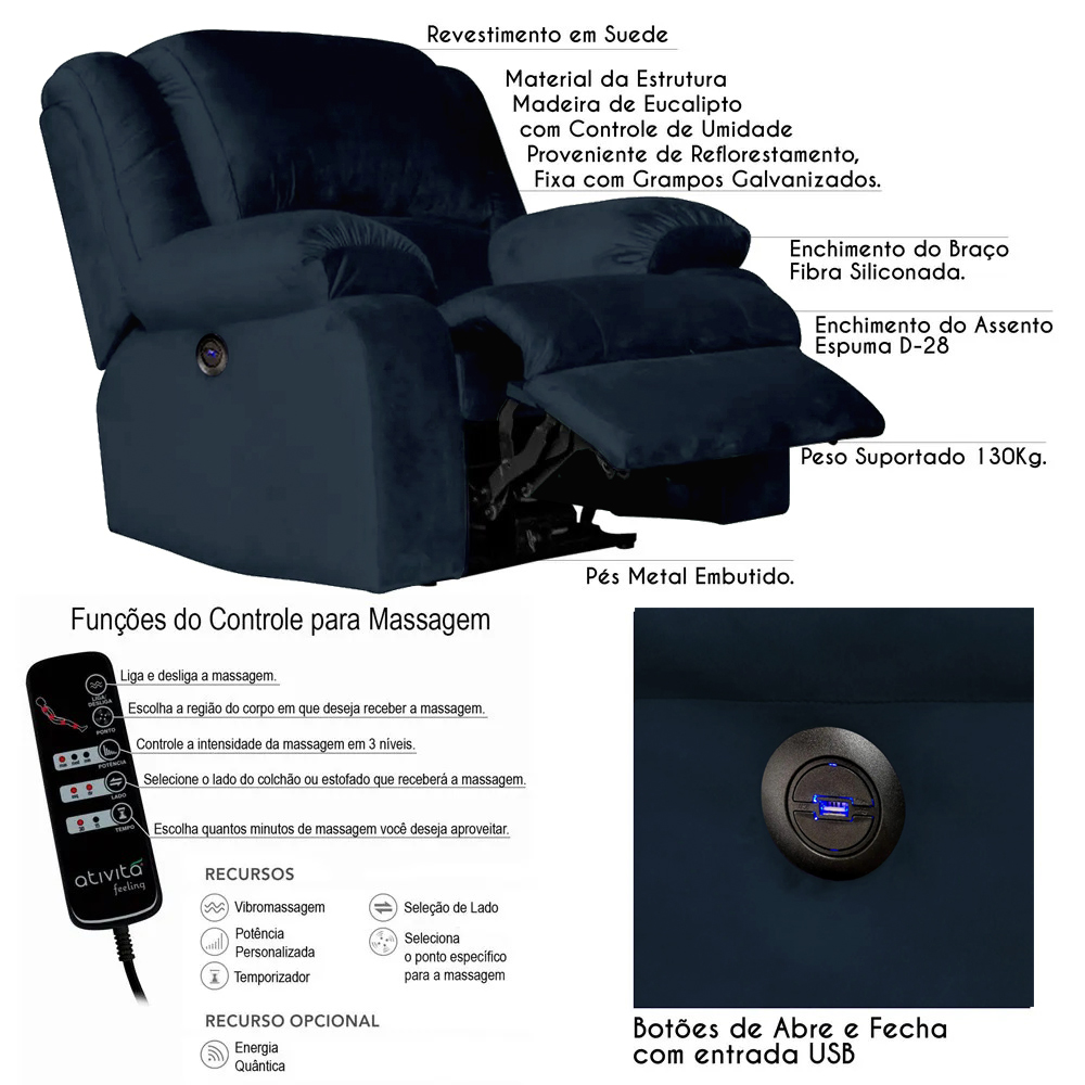 Poltrona do Papai Reclinável Elétrica com Massagem e USB Magnum Veludo Azul Clássico G23 - Gran Belo