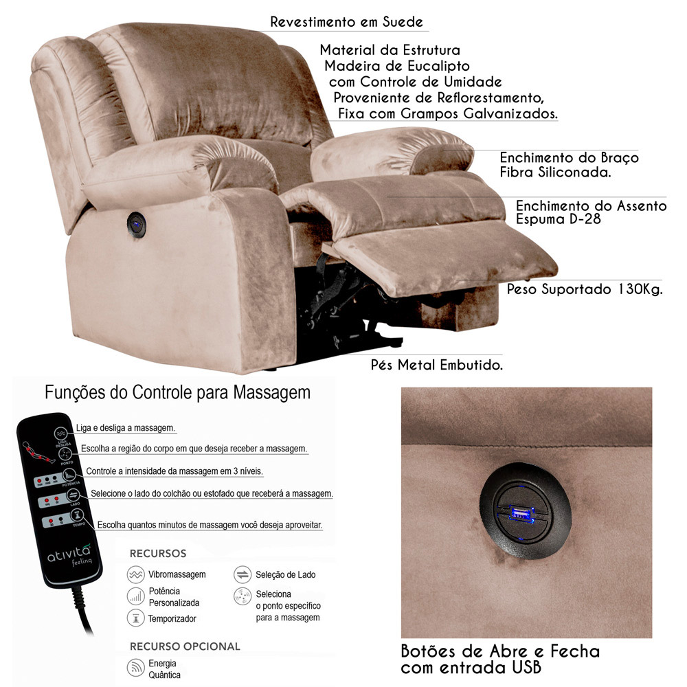 Poltrona do Papai Reclinável Elétrica com Massagem e USB Magnum Veludo Creme G23 - Gran Belo