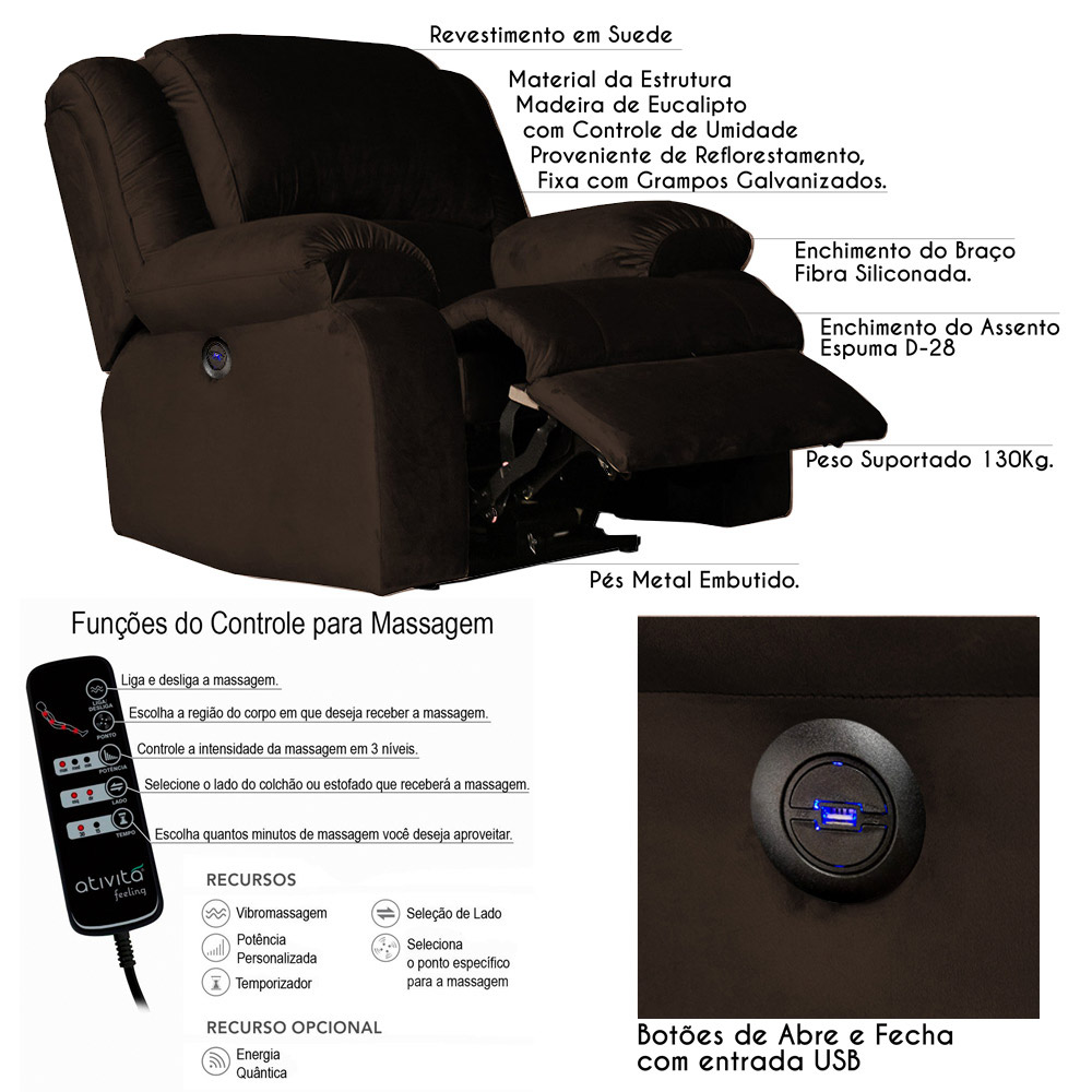 Poltrona do Papai Reclinável Elétrica com Massagem e USB Magnum Veludo Marrom Chocolate G23 - Gran Belo