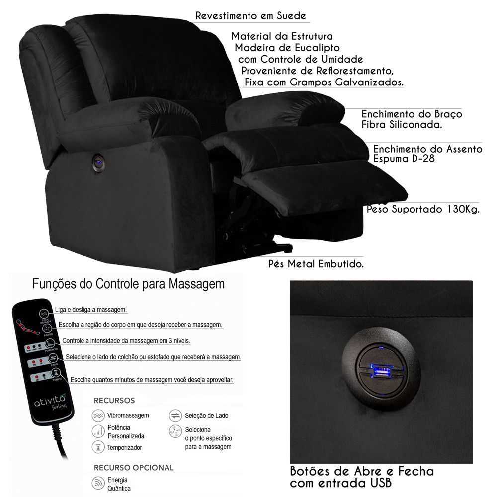 Poltrona do Papai Reclinável Elétrica com Massagem e USB Magnum Veludo Marrom G23 - Gran Belo
