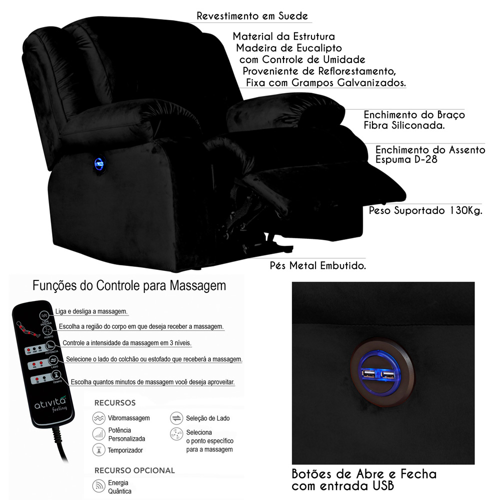 Poltrona do Papai Reclinável Elétrica com Massagem e USB Magnum Veludo Preto G23 - Gran Belo