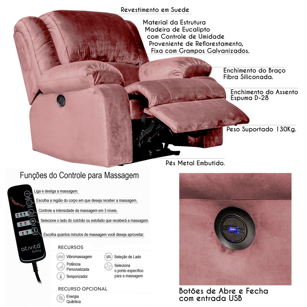 Poltrona do Papai Reclinável Elétrica com Massagem e USB Magnum Veludo Rosê G23 - Gran Belo