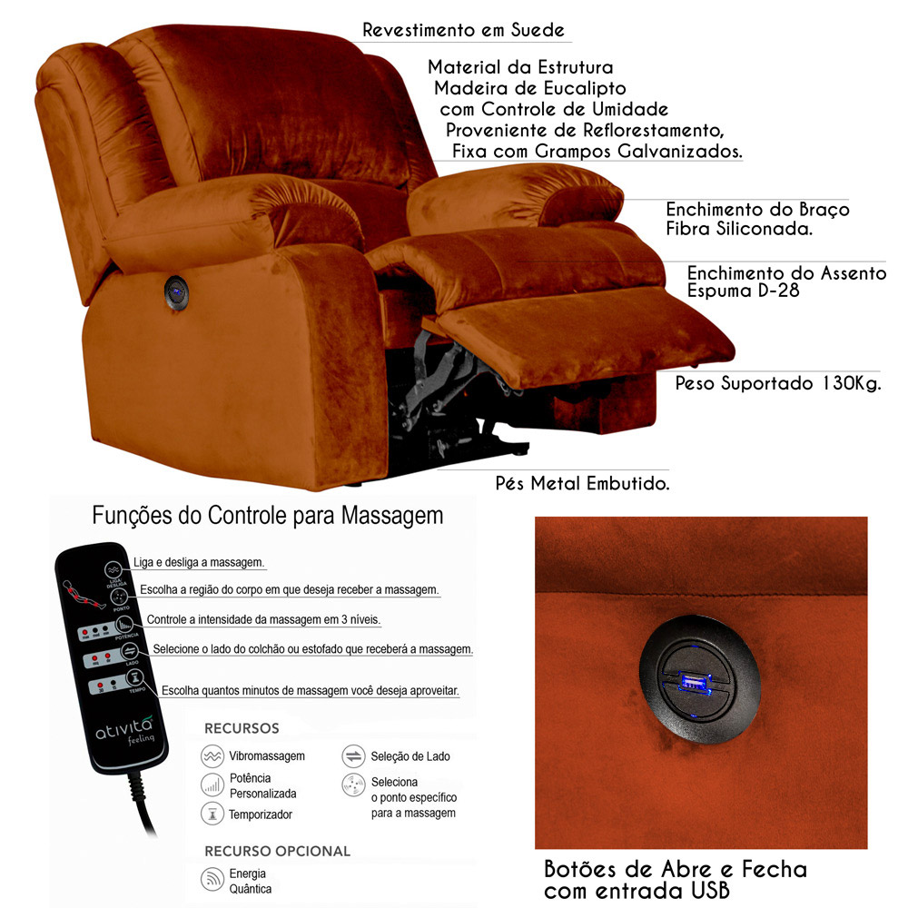 Poltrona do Papai Reclinável Elétrica com Massagem e USB Magnum Veludo Telha G23 - Gran Belo