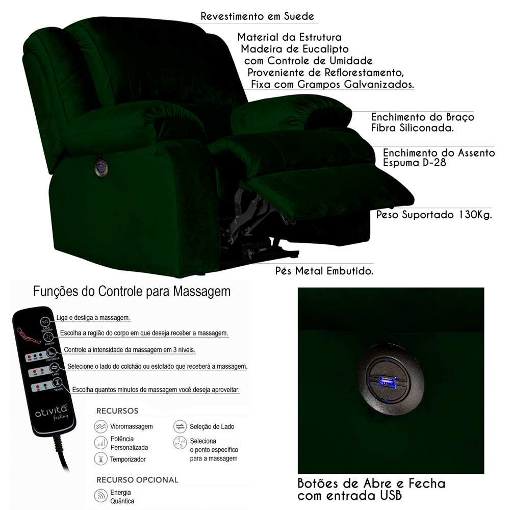 Poltrona do Papai Reclinável Elétrica com Massagem e USB Magnum Veludo Verde - Gran Belo