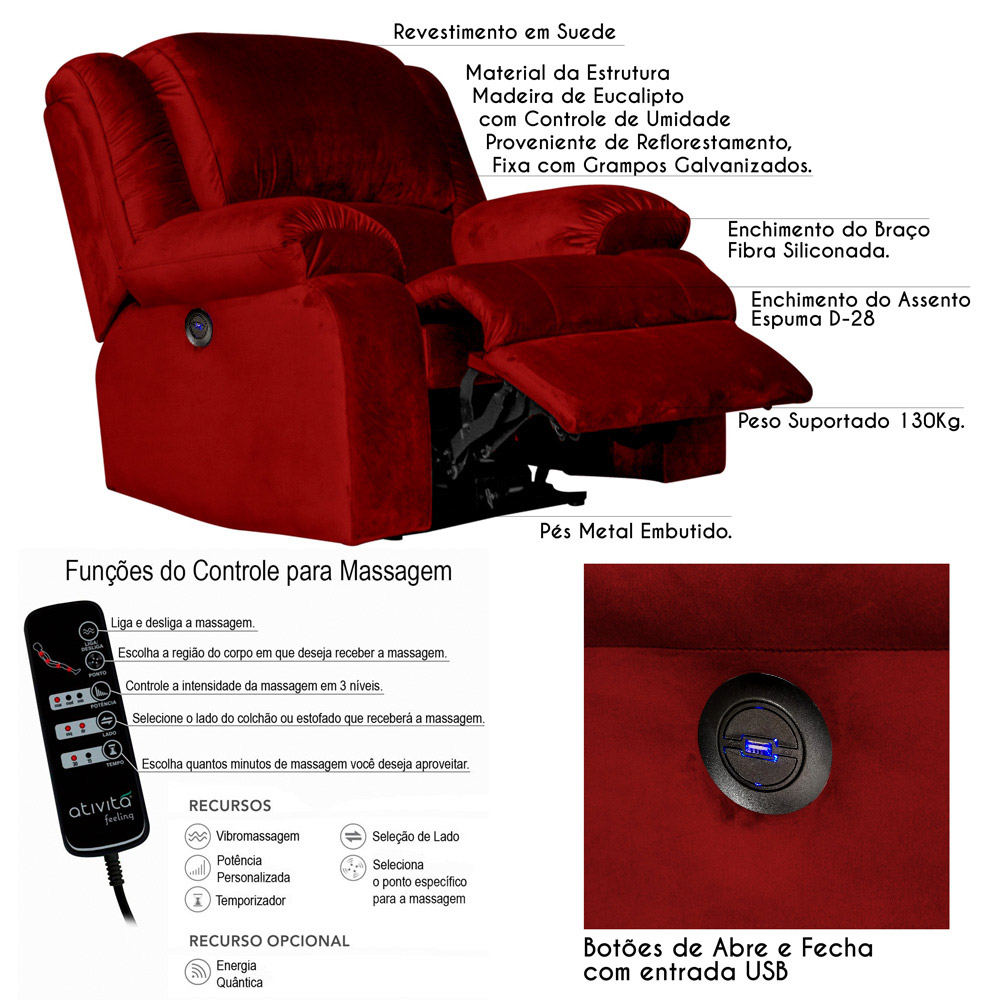 Poltrona do Papai Reclinável Elétrica com Massagem e USB Magnum Veludo Vermelho G23 - Gran Belo