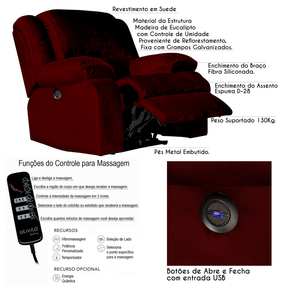 Poltrona do Papai Reclinável Elétrica com Massagem e USB Magnum Veludo Vinho G23 - Gran Belo