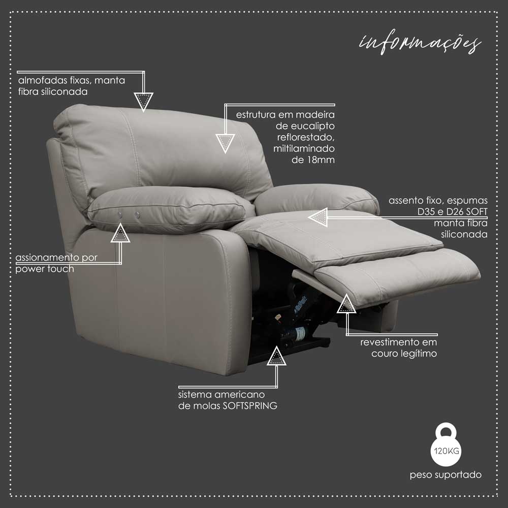Poltrona do Papai Reclinável Elétrico Asmará Power Touch Small Couro Off White G43 - Gran Belo