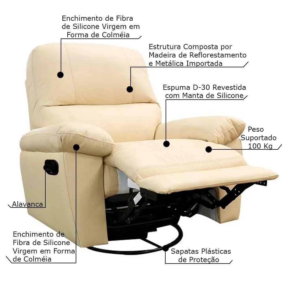 Poltrona do Papai Reclinável Giratória Armênia Glider Mecânico Couro Bege G40 - Gran Belo