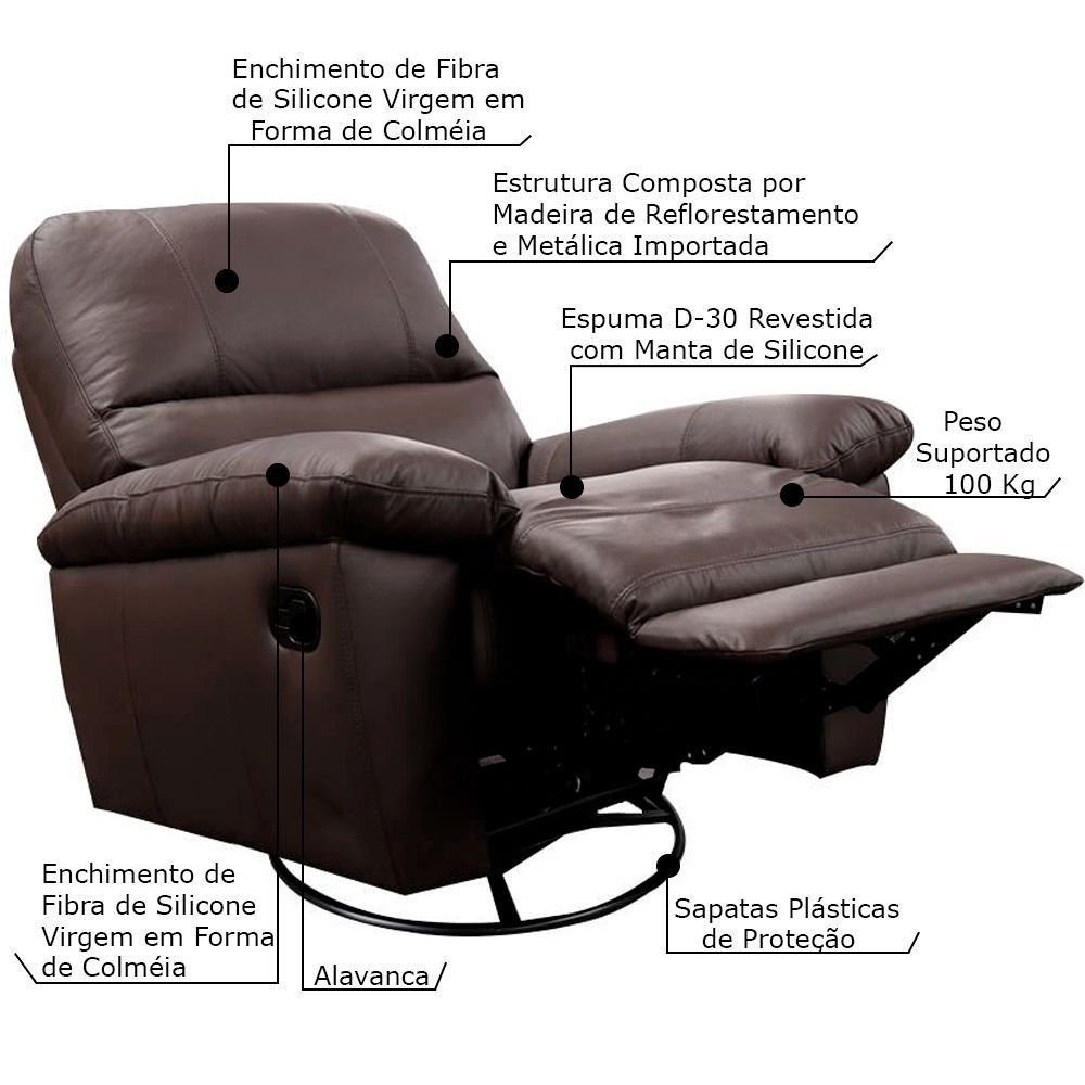 Poltrona do Papai Reclinável Giratória Armênia Glider Mecânico Couro Capucino G40 - Gran Belo