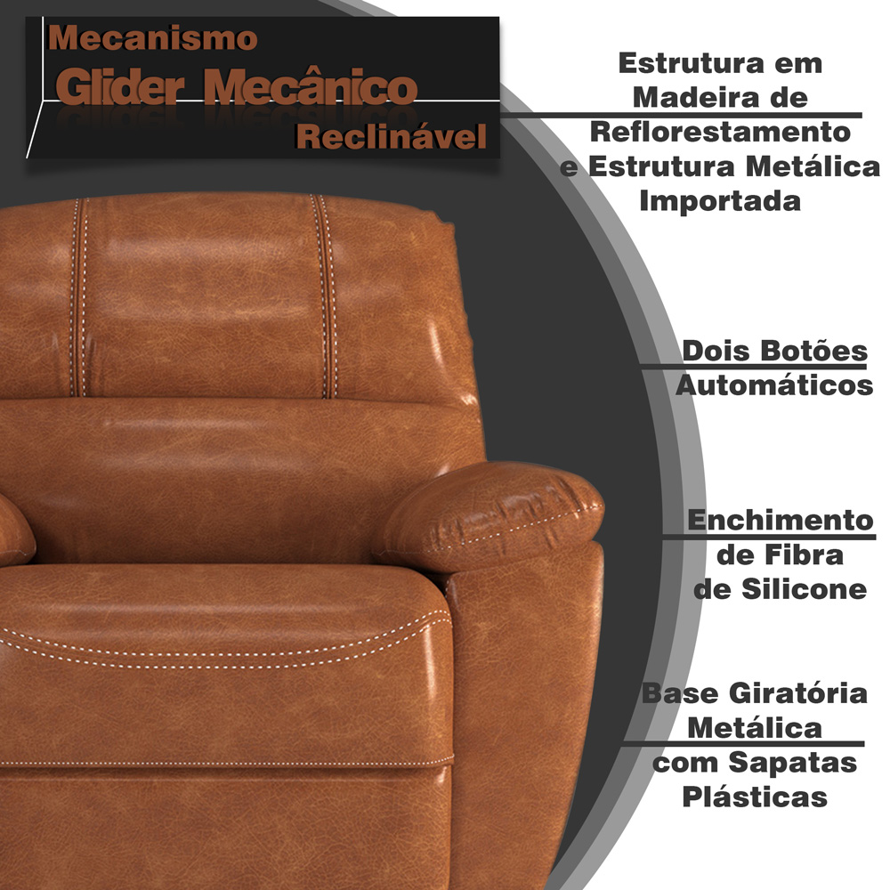 Poltrona do Papai Reclinável Giratória Armênia Glider Mecânico Couro Caramelo - Gran Belo