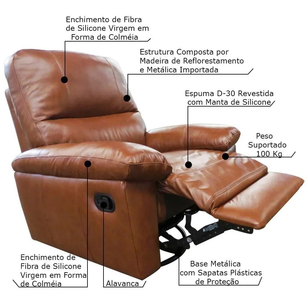 Poltrona do Papai Reclinável Giratória Armênia Glider Mecânico Couro Conhaque Brilho G40 - Gran Belo