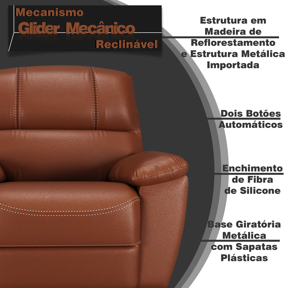 Poltrona do Papai Reclinável Giratória Armênia Glider Mecânico Couro Conhaque G40 - Gran Belo