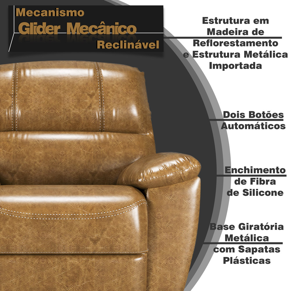 Poltrona do Papai Reclinável Giratória Armênia Glider Mecânico Couro Marrom Claro G40 - Gran Belo