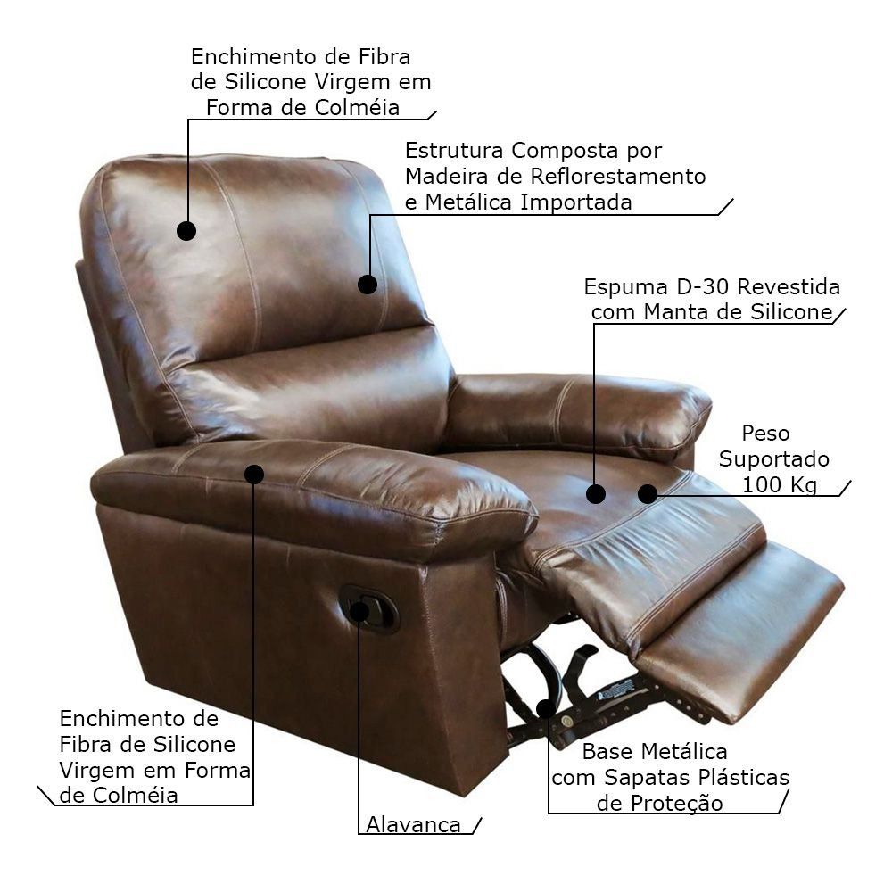 Poltrona do Papai Reclinável Giratória Armênia Glider Mecânico Couro Marrom G40 - Gran Belo