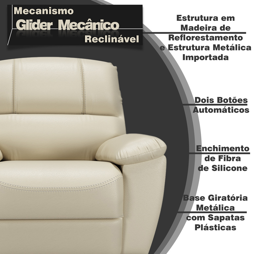 Poltrona do Papai Reclinável Giratória Armênia Glider Mecânico Couro Off White G40 - Gran Belo