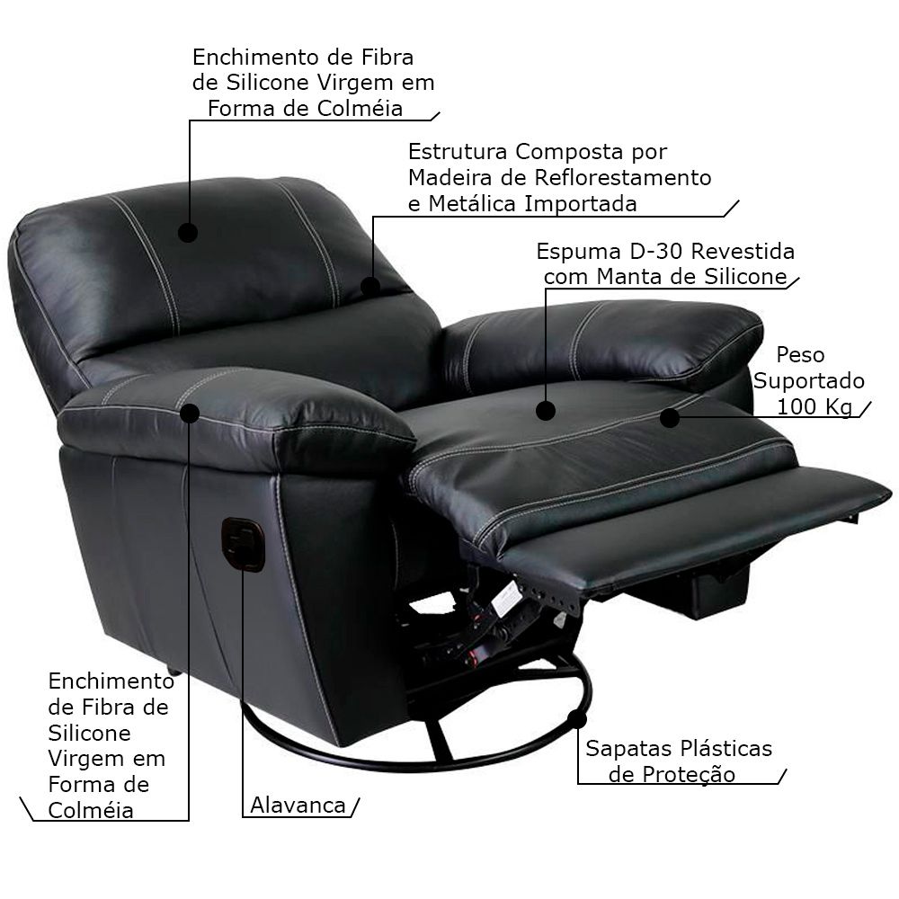 Poltrona do Papai Reclinável Giratória Armênia Glider Mecânico Couro Preto - Gran Belo