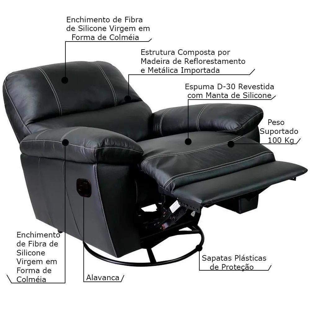 Poltrona do Papai Reclinável Giratória Armênia Glider Mecânico Couro Preto G40 - Gran Belo
