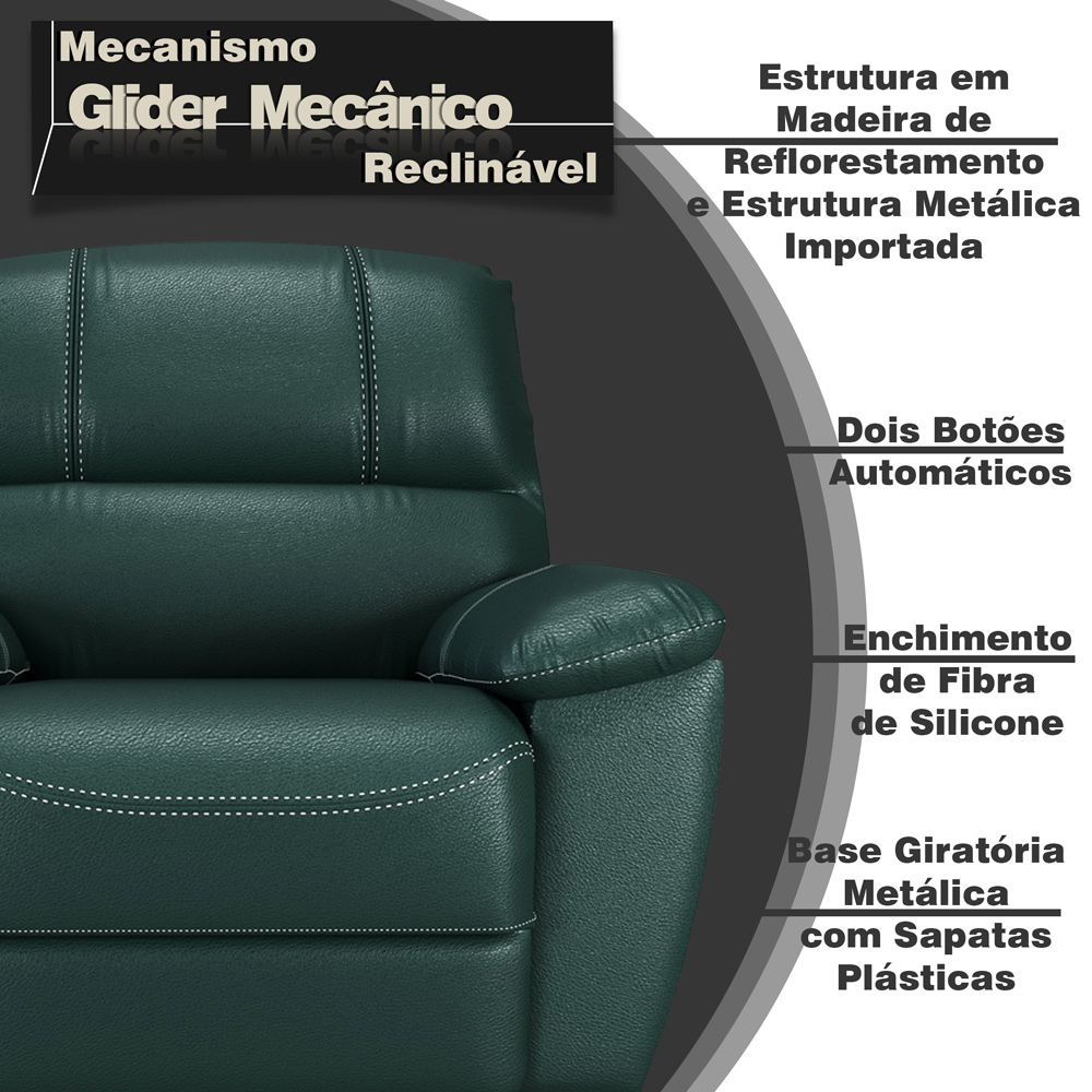 Poltrona do Papai Reclinável Giratória Armênia Glider Mecânico Couro Verde G40 - Gran Belo