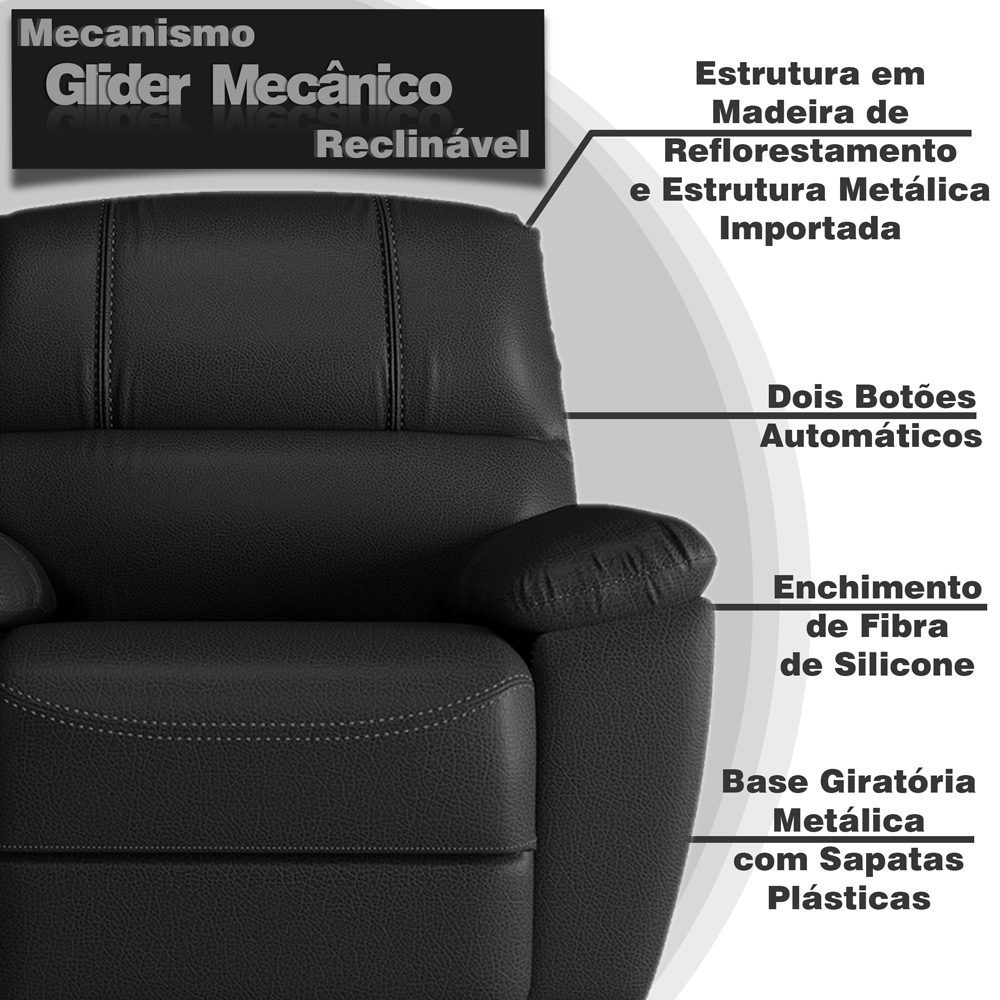 Poltrona do Papai Reclinável Giratória Glider Mecânico Armênia Couro Preto G40 - Gran Belo